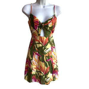 Rewind Colorful Tropical Print Cut Out Fit and Flare Dress with Smocking size S